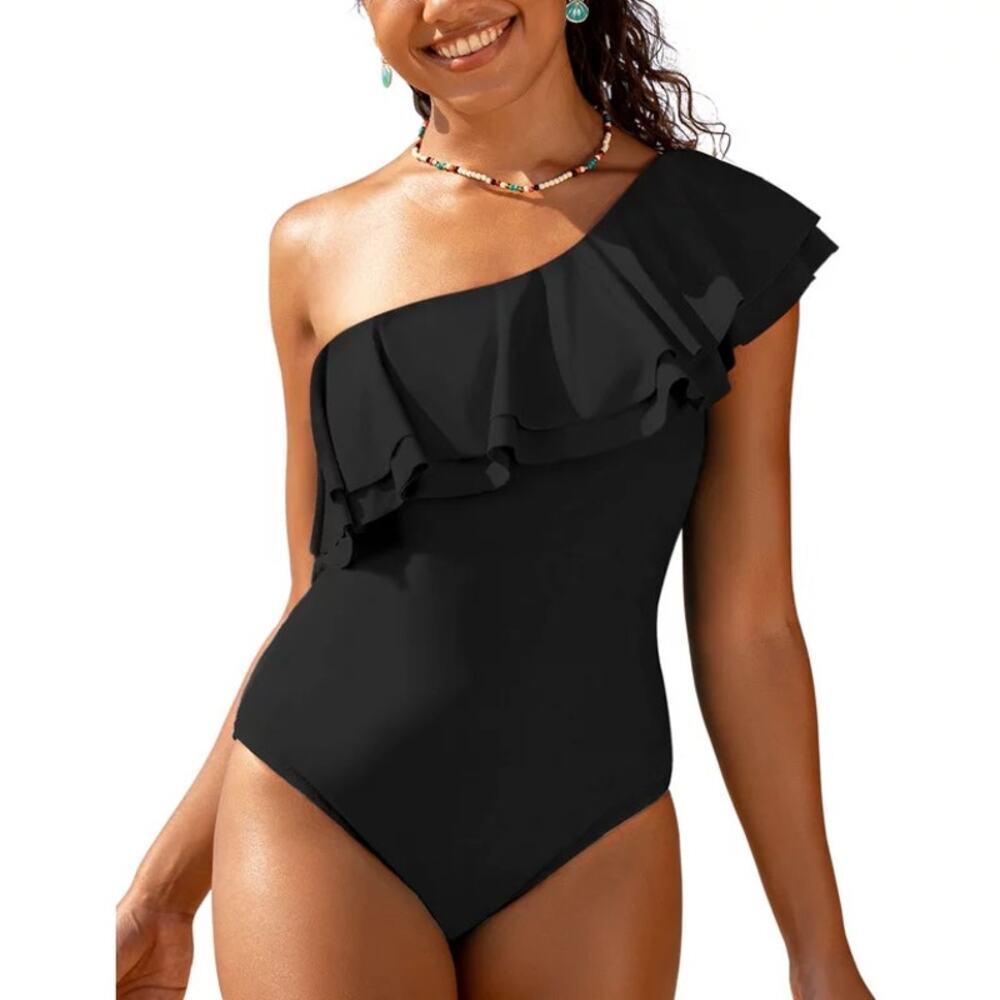 HILOR‎ Women's One Shoulder Ruffle One-Piece Swimsuit Black Tummy Control Size 8